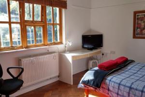 a bedroom with a bed and a desk with a television at Secluded self-contained Annexe near town centre in St Austell