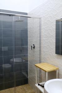 een douche met een glazen deur in de badkamer bij Palazzo Ferrara in Napels