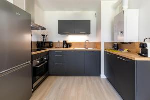 - une cuisine avec des placards noirs et un évier dans l'établissement L'Equinoxe, T2 de plain-pied dans résidence neuve., à Saint-Malo