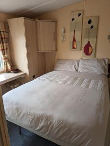 a bedroom with a white bed and a desk at 64 Wide Horizon in Aberaeron