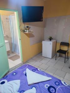 Zimmer mit einem TV und einem lila Teppich in der Unterkunft Hotel Mango in Boca Chica