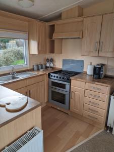 a kitchen with wooden cabinets and a stove top oven at 64 Wide Horizon in Aberaeron