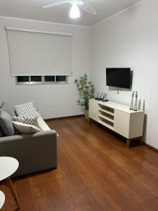 a living room with a couch and a flat screen tv at Apartamento Centro ao lado do Country Club in Nova Friburgo