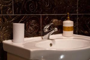 a bathroom sink with a soap dispenser on top of it at Funky apartment in Studentski Grad in Sofia