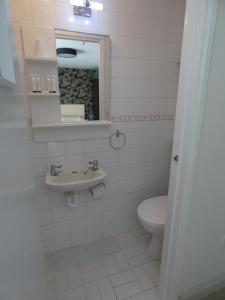 uma casa de banho com um WC, um lavatório e um espelho. em Rodeen Country House em Castletownbere