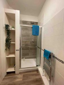 a shower with a glass door in a bathroom at Between beach & shops - Private parking en-suite in Portsmouth