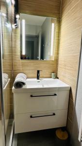 ein Badezimmer mit einem weißen Waschbecken und einem Spiegel in der Unterkunft appartement en residence au golf in Biscarrosse