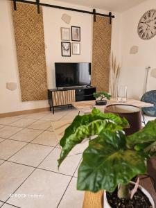 a living room with a fireplace and a clock on the wall at maison de ville avec jardin privatif in Nevers
