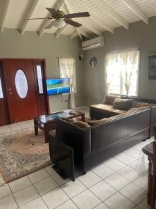 ein Wohnzimmer mit einem Sofa und einem Deckenventilator in der Unterkunft Mountain view Apartment in Basseterre
