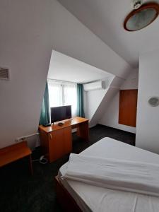 Hotel Pescarus Port Bicaz في بيكاز: غرفة نوم مع سرير ومكتب مع جهاز كمبيوتر