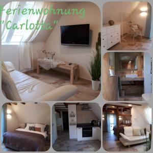 eine Collage mit Bildern eines Wohnzimmers in der Unterkunft Ferienwohnung Carlotta in Freyburg