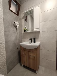 y baño con lavabo y espejo. en Casa de Vacanță Zabpatak Vendégház, en Rimetea