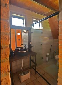 a bathroom with a sink and a toilet at Chalé Vista do Vale in Cambará