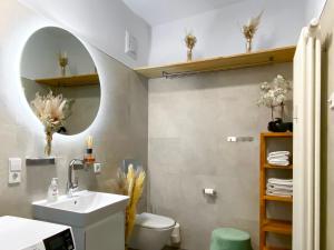 ライプツィヒにあるExklusives Leipzig City Apartment Natureのバスルーム(洗面台、トイレ、鏡付)
