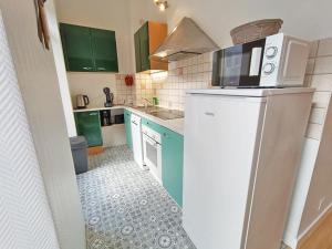 Una cocina con gabinetes verdes y un refrigerador blanco. en Le Gypaète, t1 bis, vue montagne, wifi, ascenseur, balcon, 6 personnes, en Cauterets 16 fotos más