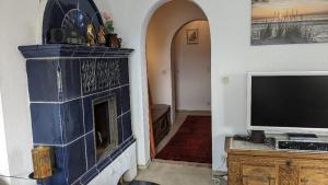a living room with a fireplace and a television at Ferienwohnung am Frauenbach in Chieming +9 photos