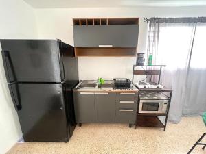 uma cozinha com um frigorífico preto e um lavatório em stylish studio w/backyard space near airport em Carolina