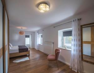 um quarto com uma cama, um espelho e uma cadeira em Das Schmitz Haus, Ferienhaus em Meckel