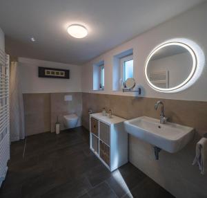 uma casa de banho com um lavatório, um espelho e um WC. em Das Schmitz Haus, Ferienhaus em Meckel
