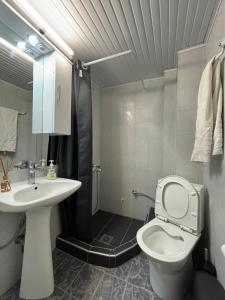 a bathroom with a sink and a toilet and a shower at Jimmy's rooms nea potidea in Nea Potidaea +33 photos