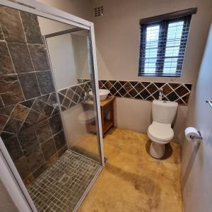 a bathroom with a shower and a toilet and a sink at Journey Guesthouse in Riversdale