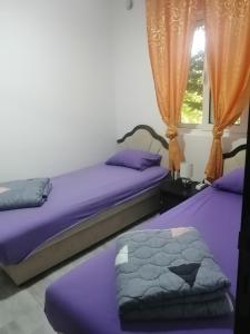 2 camas en una habitación con sábanas moradas y una ventana en Villa Pavlovic - 30m from the beach, en Kruče