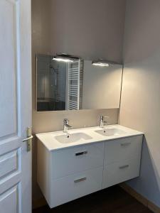 y baño con lavabo blanco y espejo. en Gite de Foulleray n 14, en Rouez