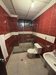 a bathroom with a shower and a toilet and a sink at Departamento Torre Azul in Cuenca