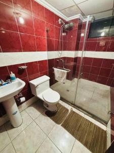 a bathroom with a shower and a toilet and a sink at Departamento Torre Azul in Cuenca