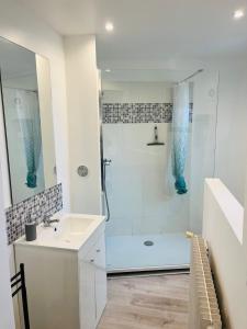 baño blanco con ducha y lavamanos en Opal'House, en Boulogne-sur-Mer