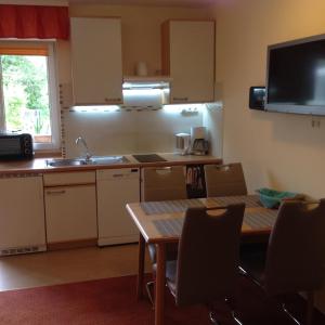 a kitchen with a table and a sink and a table and chairs at Pension beim Krümmling in Reutte