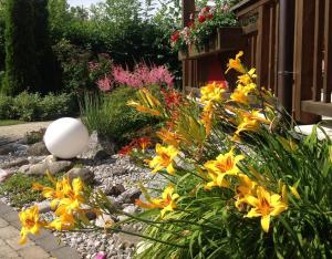 a garden with yellow flowers and rocks and a building at Pension beim Krümmling in Reutte +8 photos