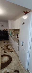 a kitchen with a white refrigerator and a sink at Piano Apartament in Gura Humorului