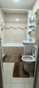 a bathroom with a toilet and a sink and a tub at Piano Apartament in Gura Humorului