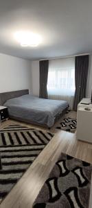 a bedroom with a bed and a rug at Piano Apartament in Gura Humorului