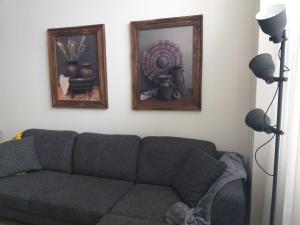 a living room with a couch and two pictures on the wall at Appartement aan de Geul in Valkenburg