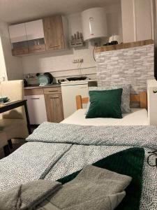 um quarto com uma cama com uma almofada verde em Apartman Djokic 4 Studio em Pozarevac