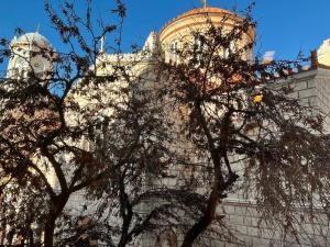 un edificio con una torre dell'orologio e un albero di Triple A - Stylish Seven On The Pedestrian - FREE Parking! ad Atene
