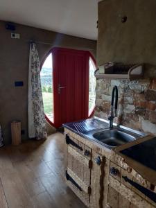 a kitchen with a sink and a red door at Wilkowka in Wołkowyja