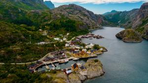 an aerial view of a small town on a mountain at Nusfjord Ocean View Rorbu 19 in Ramberg