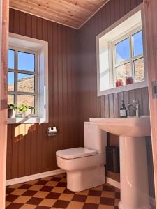 y baño con aseo y lavamanos. en Jóhannshús- tradational Icelandic house, en Hrepphólar