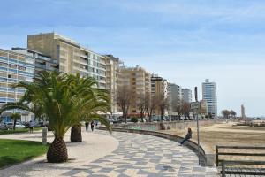 a walkway with palm trees and buildings in a city at Central Guest House in Figueira da Foz