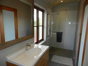 a bathroom with a sink and a mirror and a shower at Sunset at Diluta in Cape Town