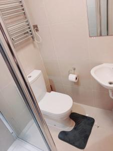 a bathroom with a white toilet and a sink at F304-Lovely 3rd Flr Studio fits 2 Near Hyde Park in London