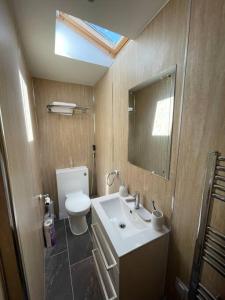 a bathroom with a sink and a toilet and a mirror at Atlantic Cottage Port Isaac 2 bedroom with parking in Port Isaac