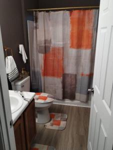 een badkamer met een toilet, een wastafel en een douche bij Cozy cottage in White Hall