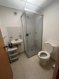 a bathroom with a shower and a toilet and a sink at Dep completo a 5min del foro sol, y del aeropuerto in Mexico City