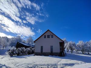 una pequeña casa blanca en la nieve con árboles en Apartmán Bobo en Stožok