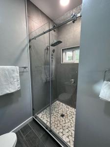 La salle de bains est pourvue d'une douche en verre et de toilettes. dans l'établissement Baquis Island Bungalow, à Utila