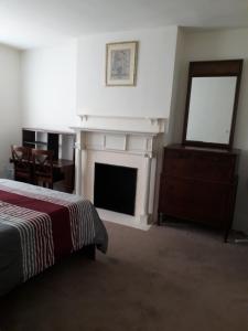 a bedroom with a fireplace and a bed and a mirror at Pleasant Rooming House in Washington